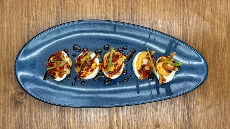 Deviled eggs with pimento cheese and shrimp