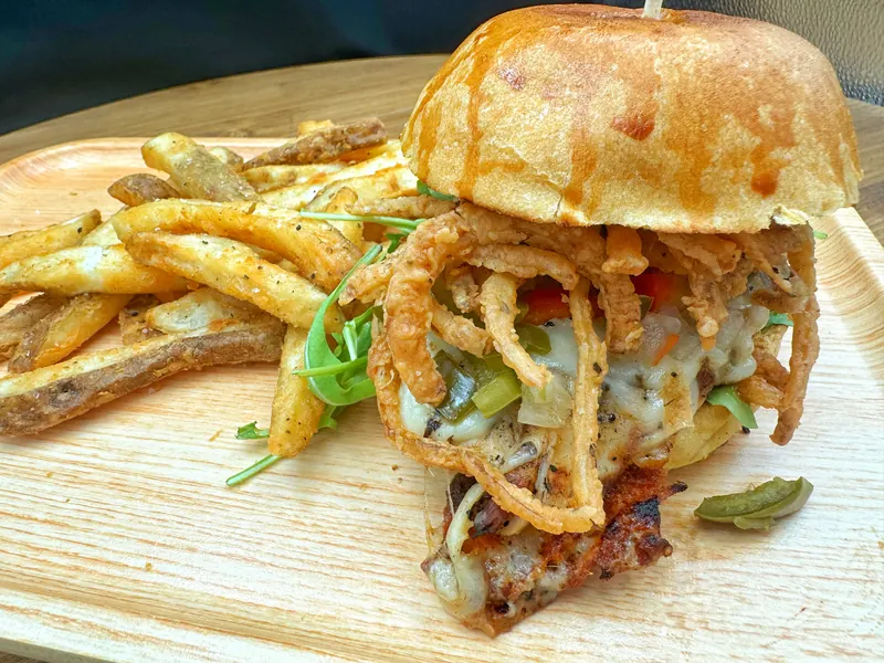 Chicken sandwich with crispy shallots at Liv's Tavern